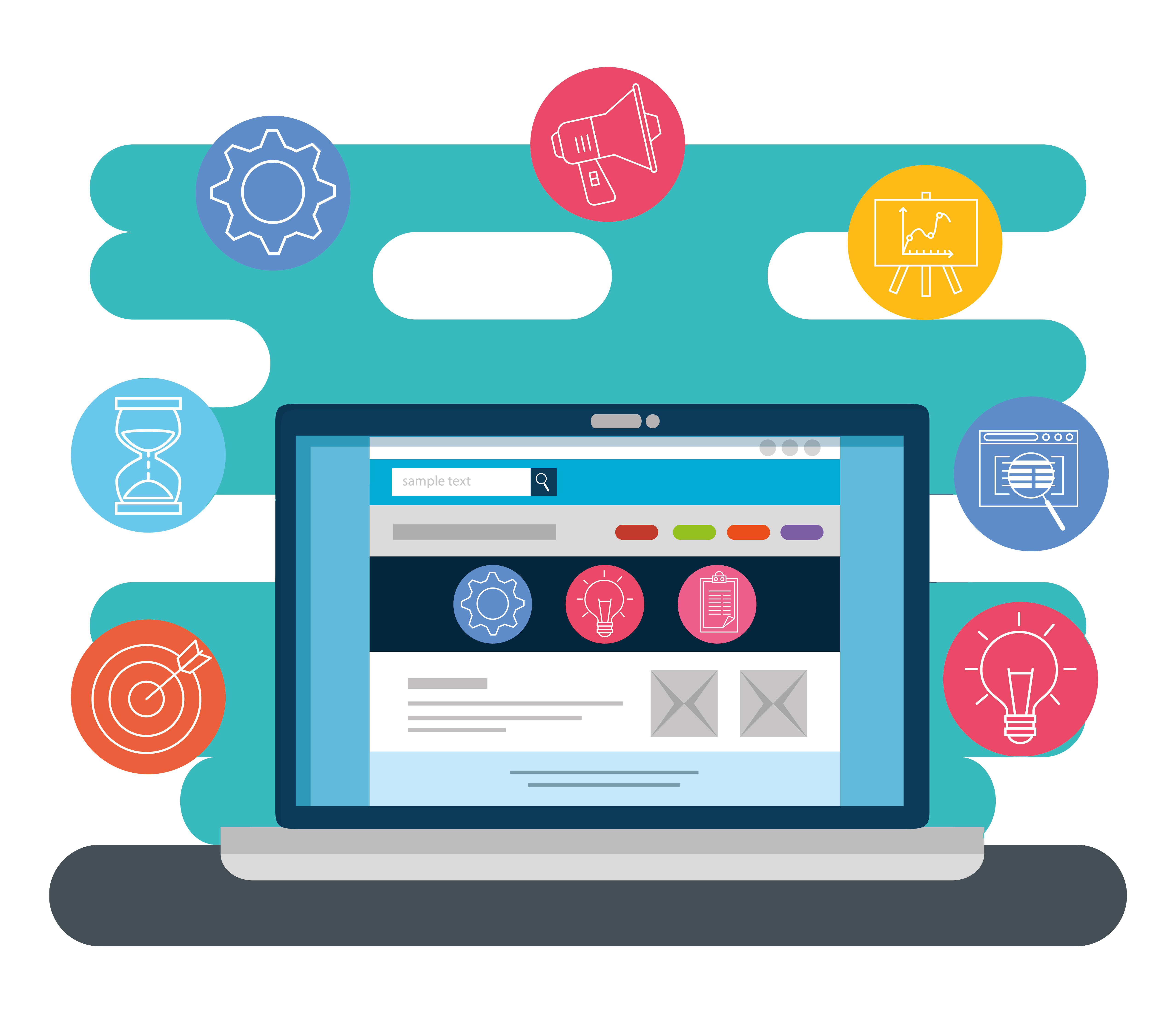 Illustration of website integrations with connected tools around a web page