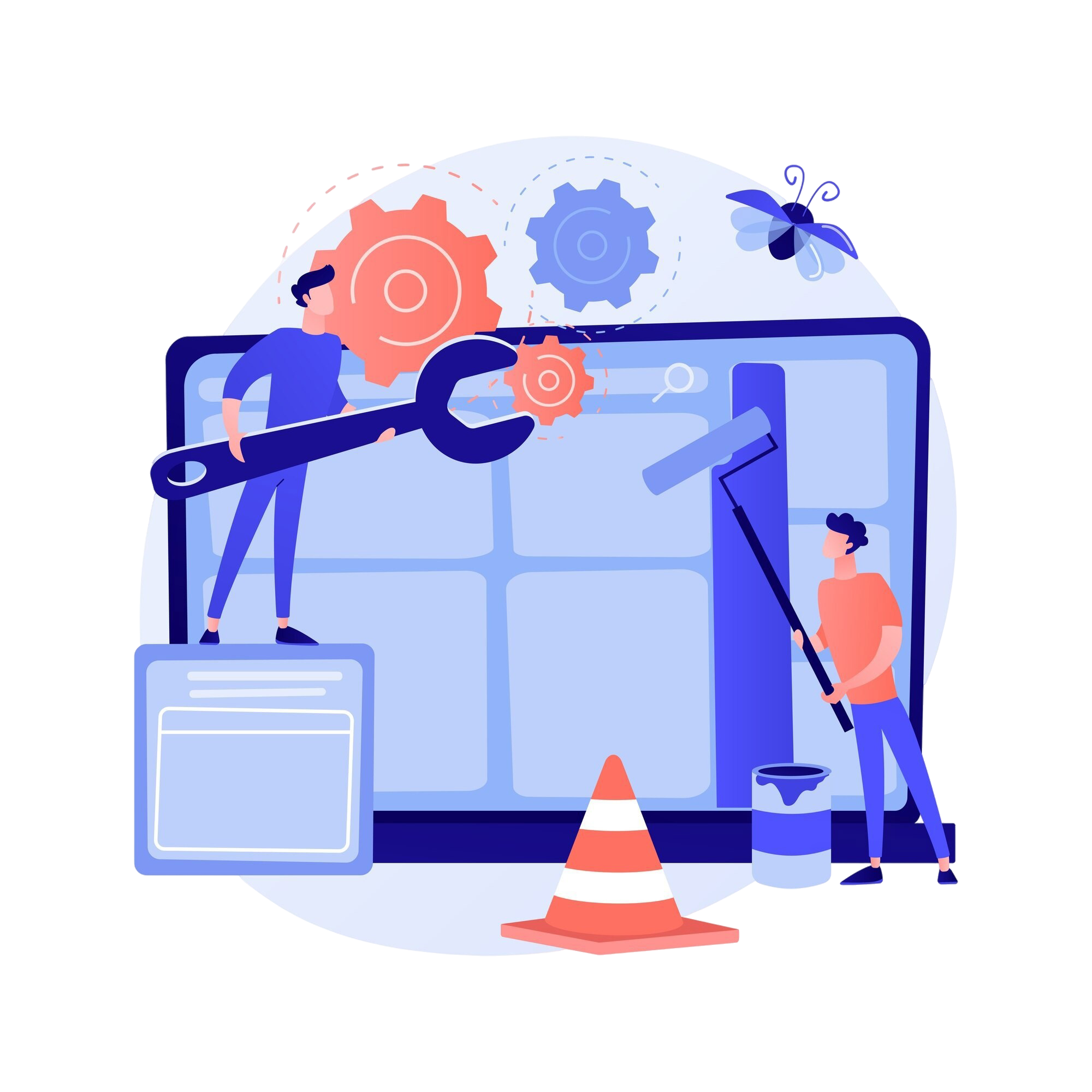 Illustration of website maintenance support with tools and upkeep work