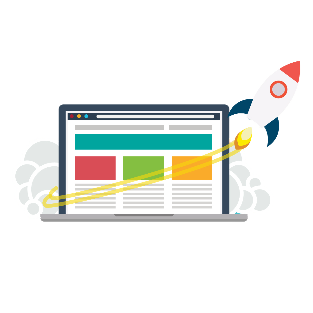 Illustration of website optimisation with a rocket launching from a web page